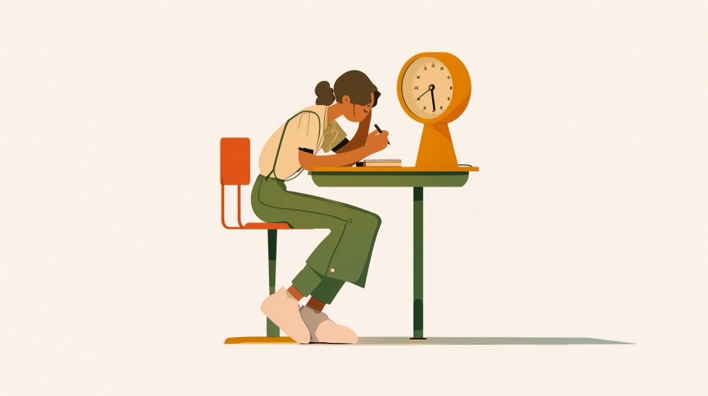 Иллюстрация девушки, пишущей за столом с часами Иллюстрация девушки, пишущей за столом с часами